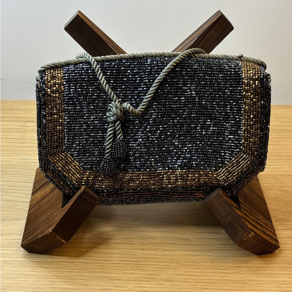 Geri Beaded Clutch Vintage Evening Bag Black Bronze Handcrafted Small Wedding